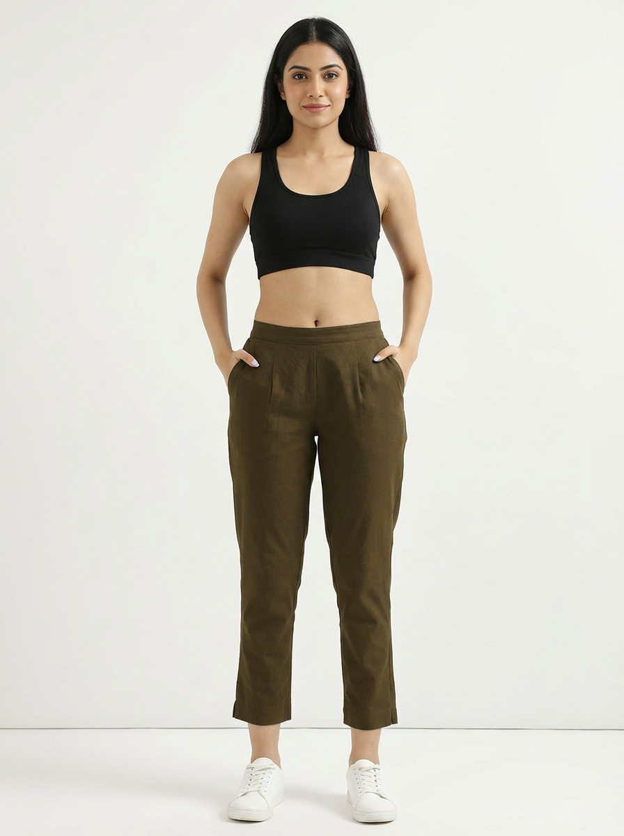 Olive Green Cotton Pant For Women