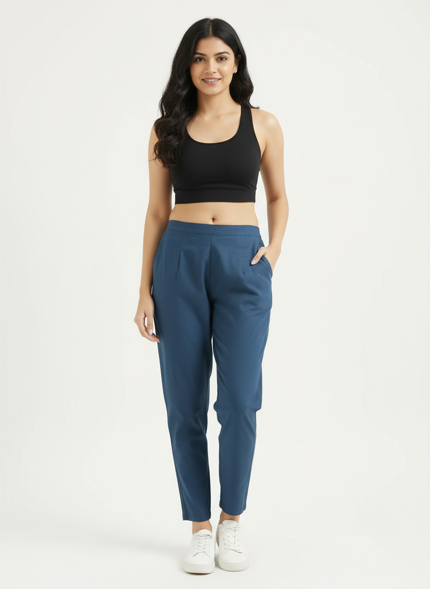 Peacock Blue Cotton Pant For Women