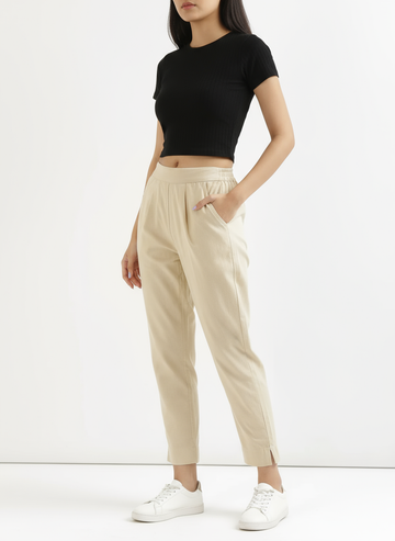 Beige Cotton Pant For Women