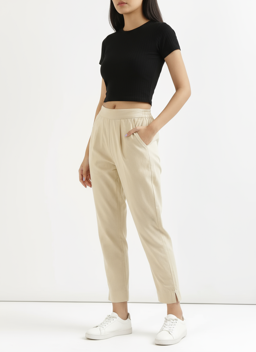 Beige Cotton Pant For Women