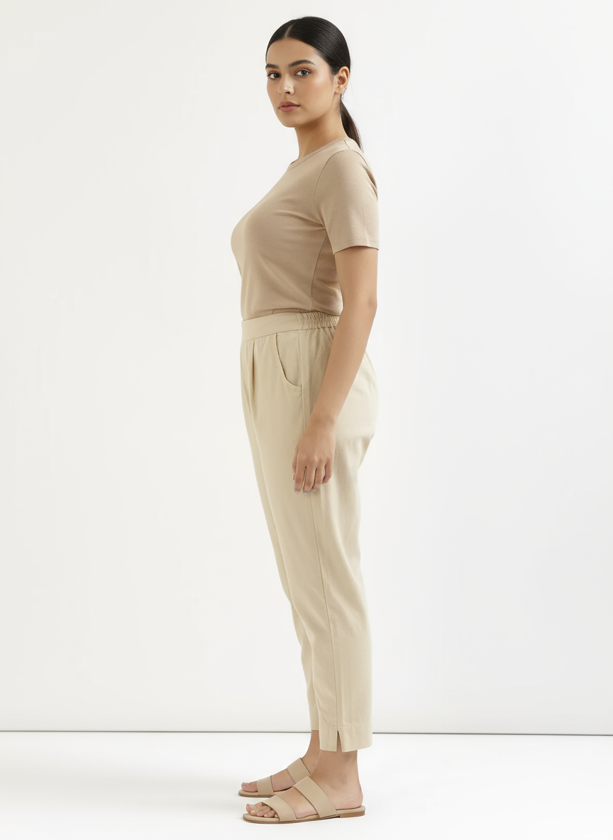 Beige Cotton Pant For Women