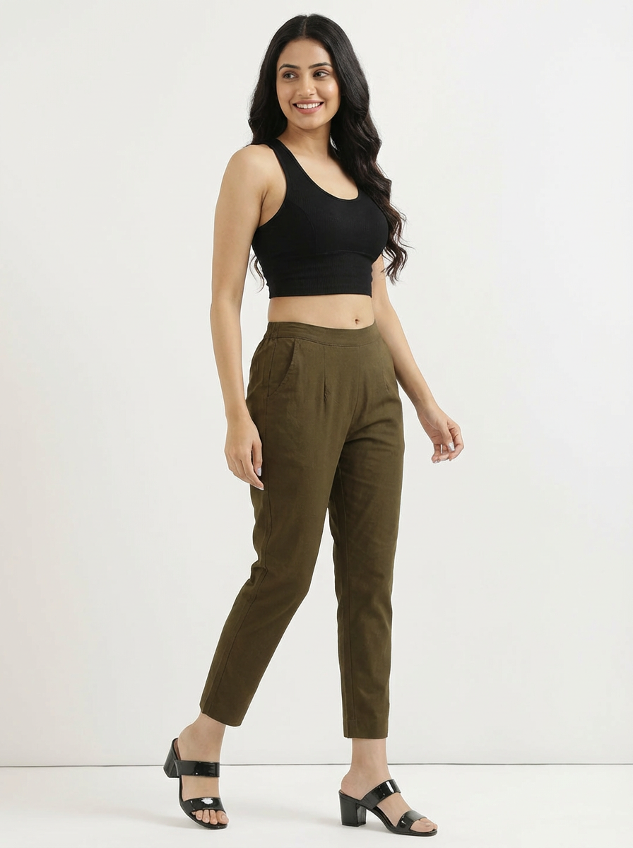 Olive Green Cotton Pant For Women