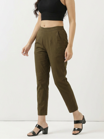 Olive Green Cotton Pant For Women