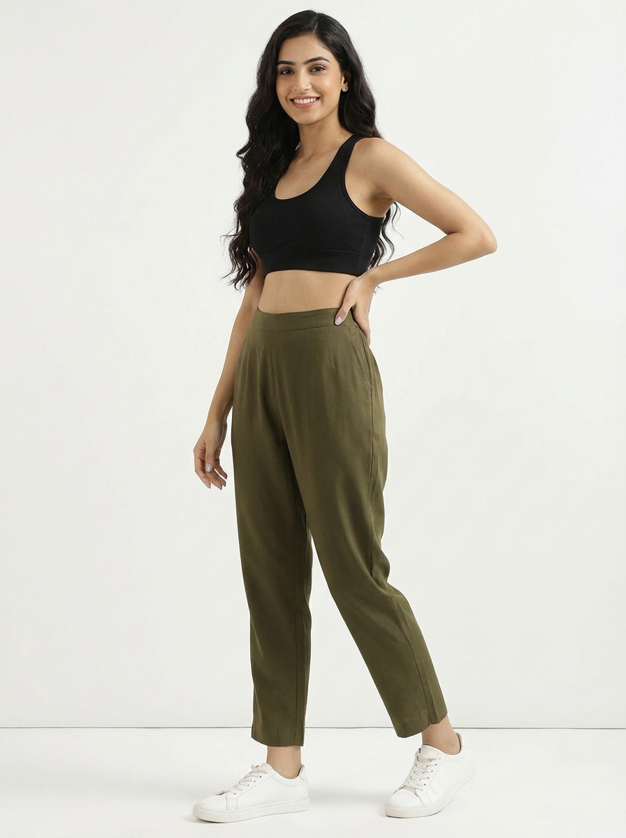 Olive Green Cotton Pant For Women