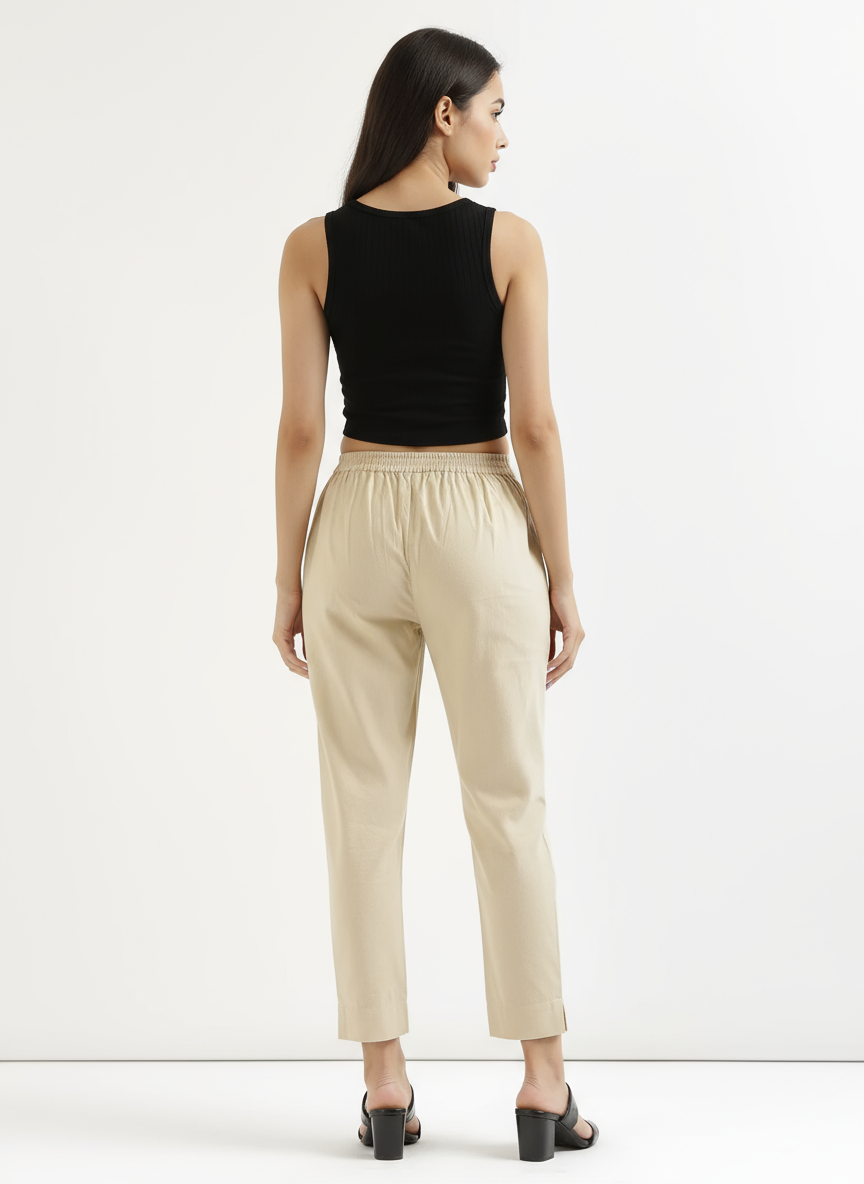 Beige Cotton Pant For Women