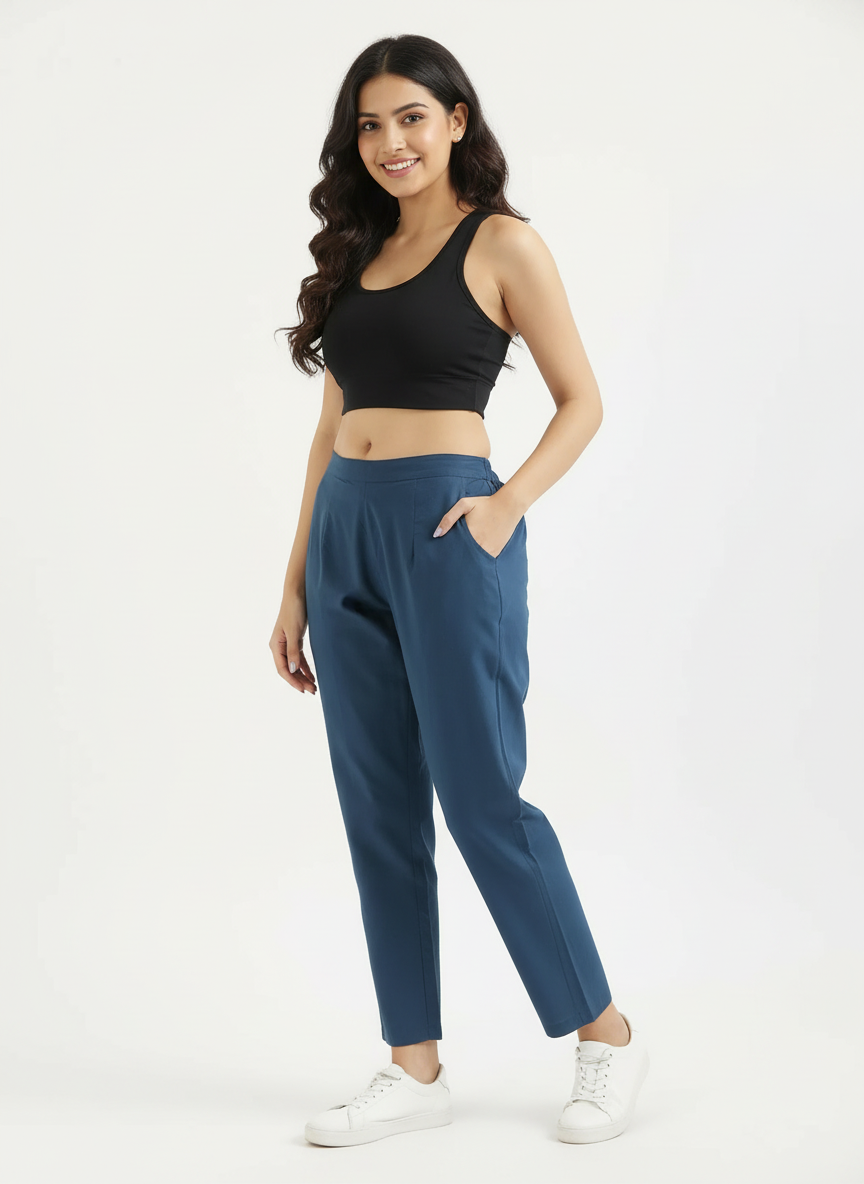 Peacock Blue Cotton Pant For Women