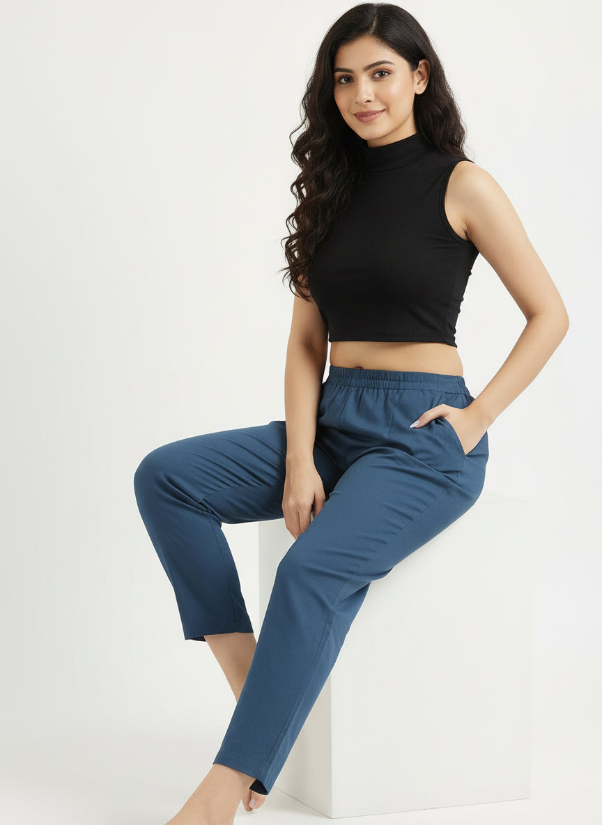 Peacock Blue Cotton Pant For Women