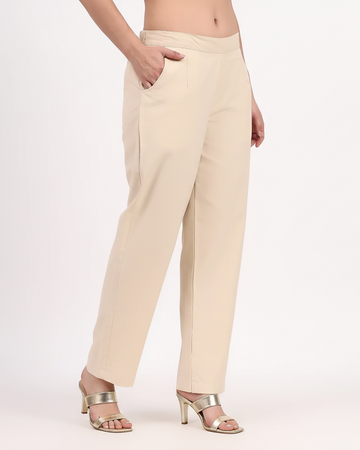 Beige Wide Leg Cotton Pant