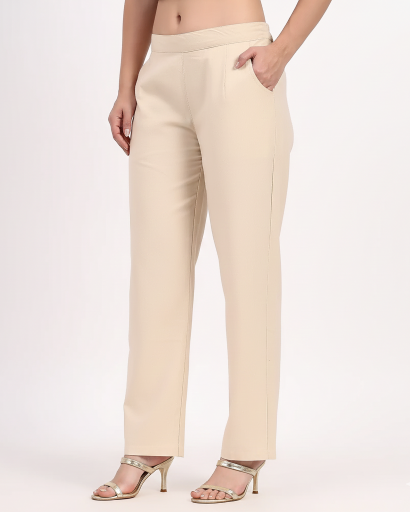Beige Wide Leg Cotton Pant