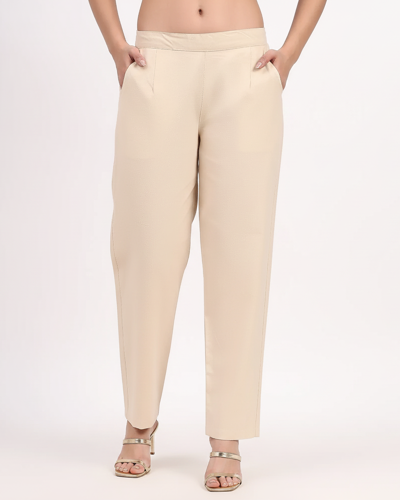 Beige Wide Leg Cotton Pant